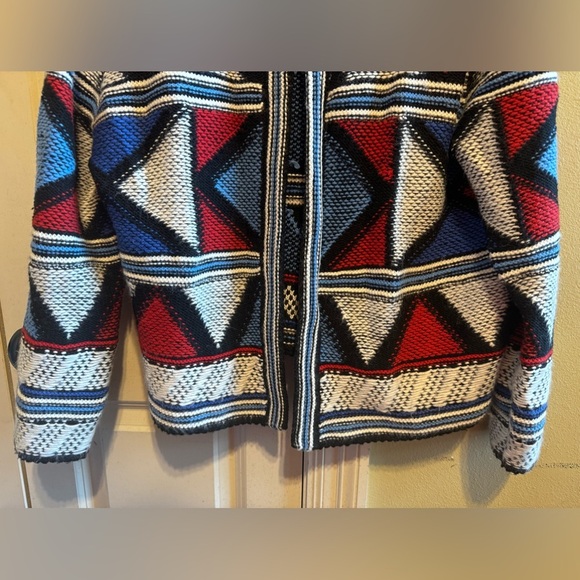 H&M Label Graded Goods Red White Blue Geometric Patchwork Cardigan Sweater Sz L - Picture 3 of 9